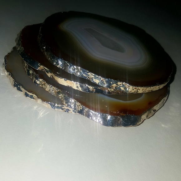 Anthropologie Accents Silver Plated Natural Agate Coasters Set Of 4